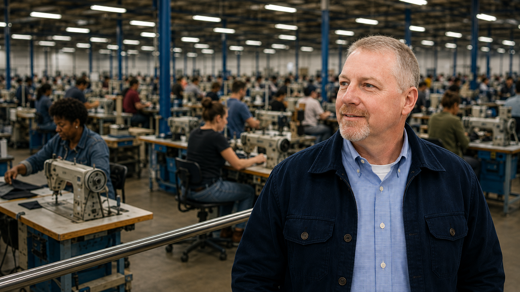 Greg Hathcox standing at a railing overlooking a sewn products factory floor, with rows of operators at sewing machines behind him