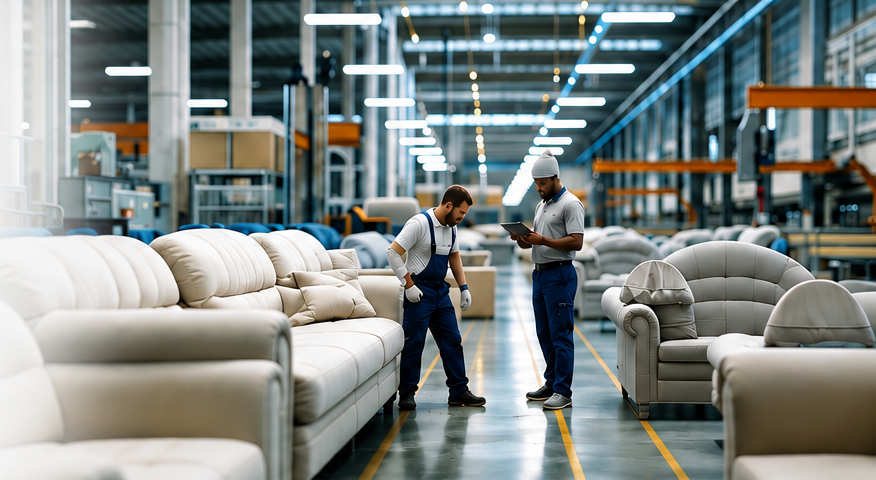 Two technicians inspecting upholstered furniture on a sewn products factory floor