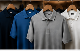 Row of polo shirts on hangers