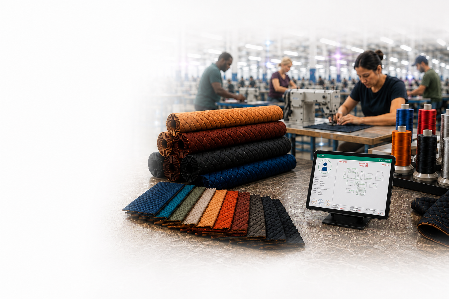 Sewn products factory floor with quilted fabric rolls, color swatches, thread spools, a production-tracking tablet, and operators at sewing machines